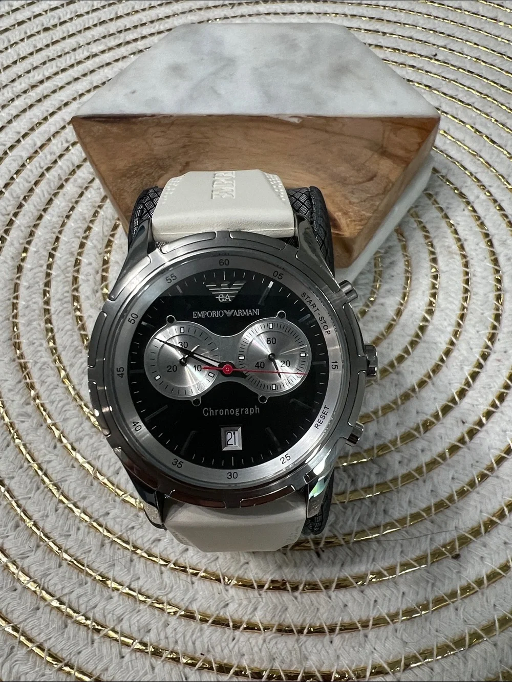 Emporio Armani Black and White Chronograph Watch with Red Accents